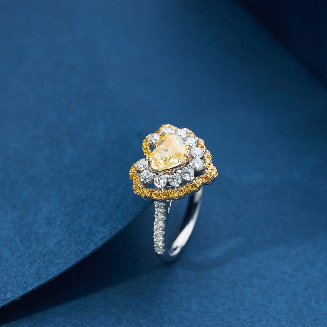 Heart-Shaped Diamond Ring with Central Yellow Diamond - Premium Jewelry - Yellow Diamond Ring