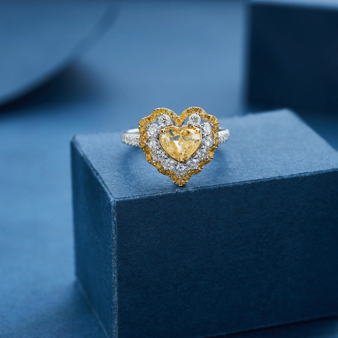 Heart-Shaped Diamond Ring with Central Yellow Diamond - Premium Jewelry - Yellow Diamond Ring