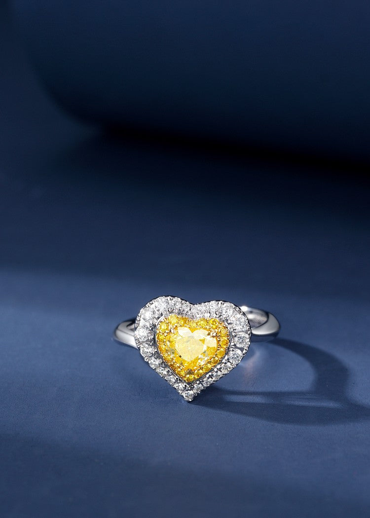 Heart-Shaped Diamond Ring with Round Diamond Halo - Premium Jewelry - Yellow Diamond Ring