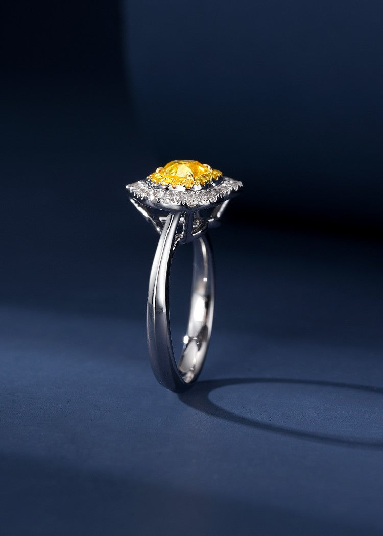 Heart-Shaped Diamond Ring with Round Diamond Halo - Premium Jewelry - Yellow Diamond Ring