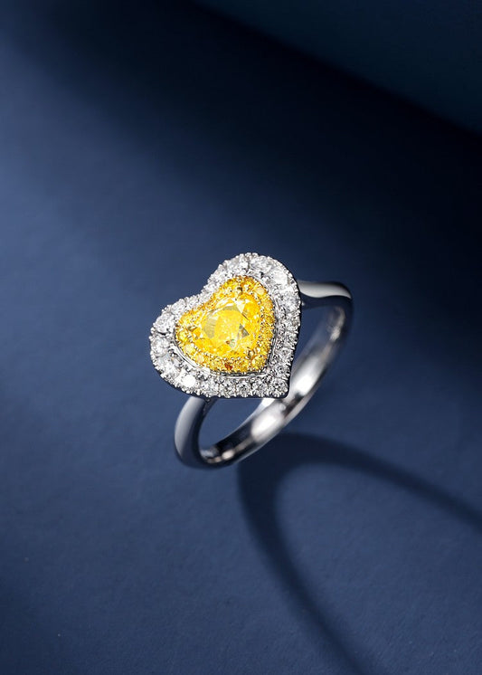 Heart-Shaped Diamond Ring with Round Diamond Halo - Premium Jewelry - Yellow Diamond Ring