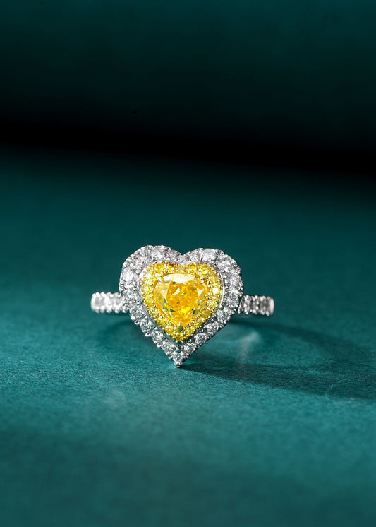 Heart-Shaped Diamond Ring with Surrounding Stones - Premium Jewelry - Yellow Diamond Ring