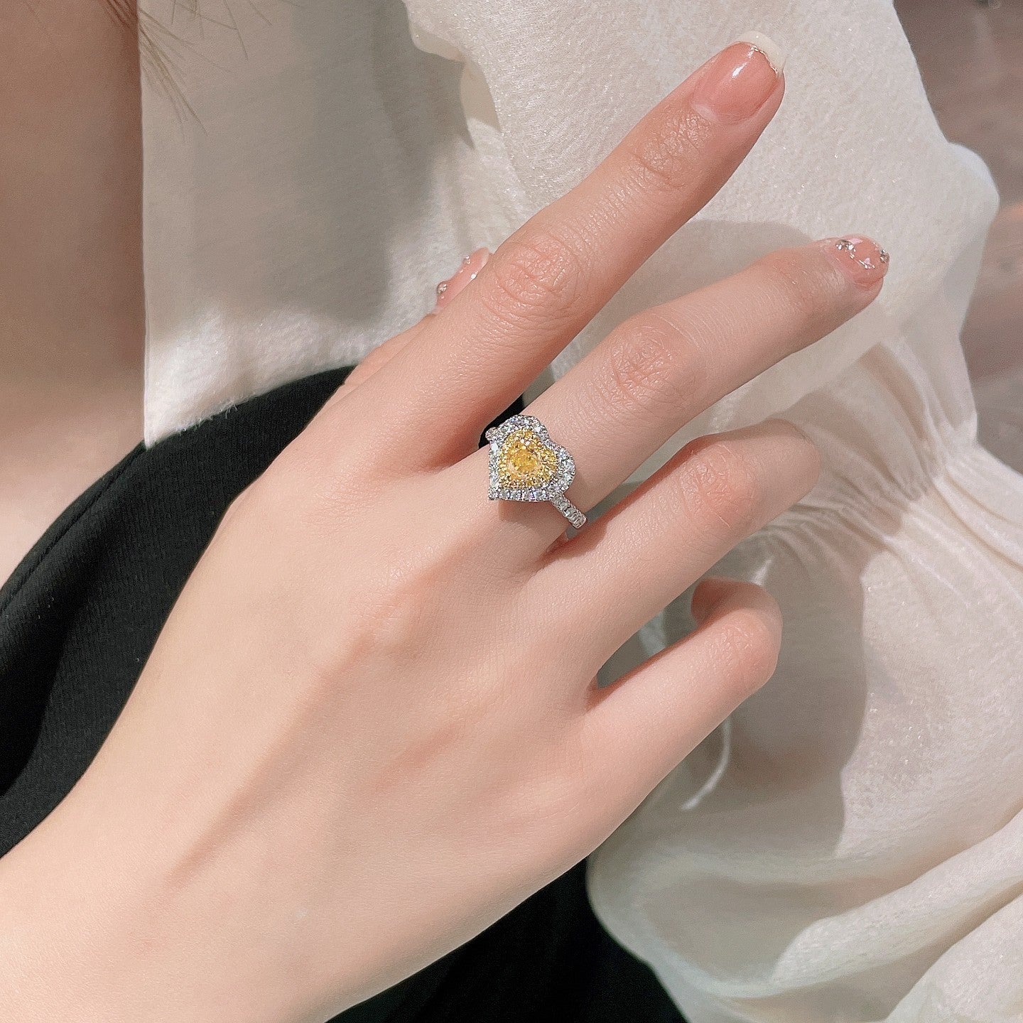 Heart-Shaped Diamond Ring with Surrounding Stones - Premium Jewelry - Yellow Diamond Ring