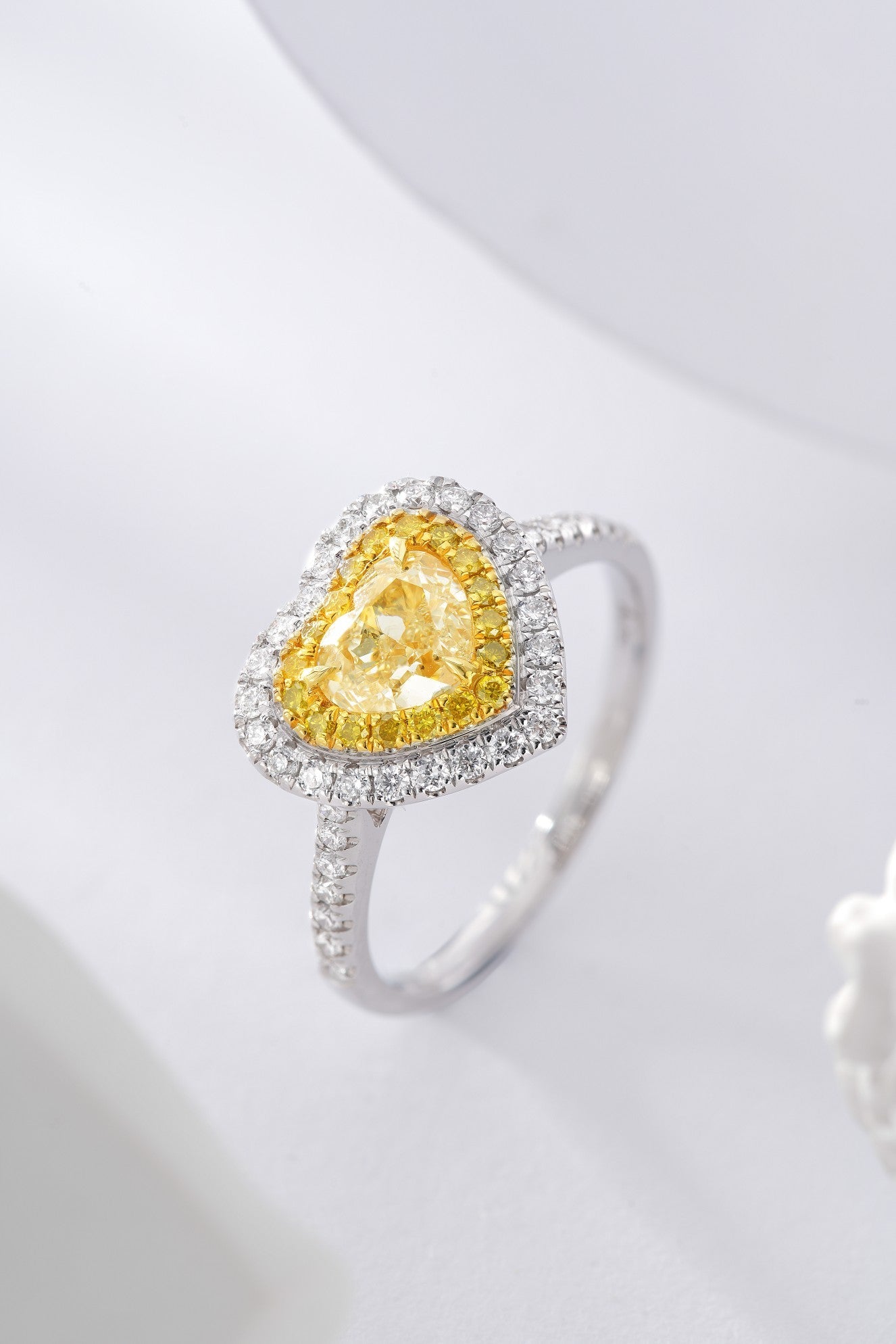 Heart-Shaped Diamond Ring with Yellow Center Stone - Luxury Jewelry - Yellow Diamond Ring