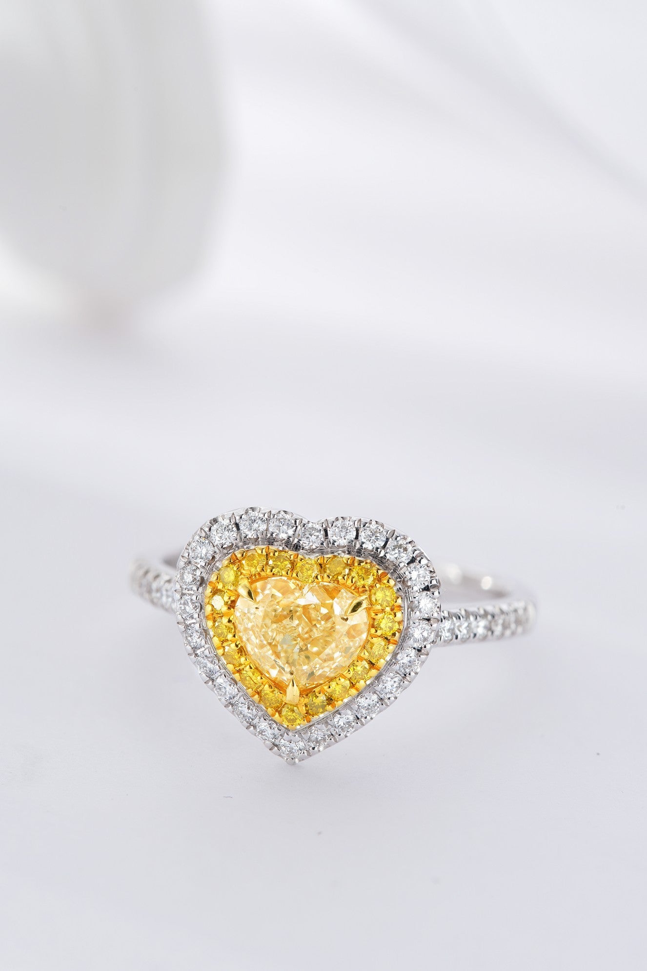 Heart-Shaped Diamond Ring with Yellow Center Stone - Luxury Jewelry - Yellow Diamond Ring