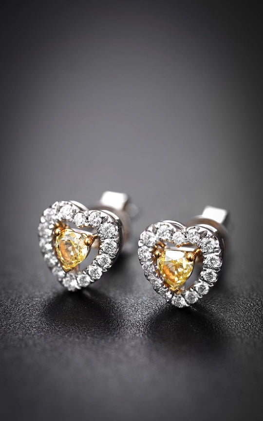 Heart-Shaped Diamond Stud Earrings with Pavé Setting - Luxurious Jewelry Jeweler.Jewelry