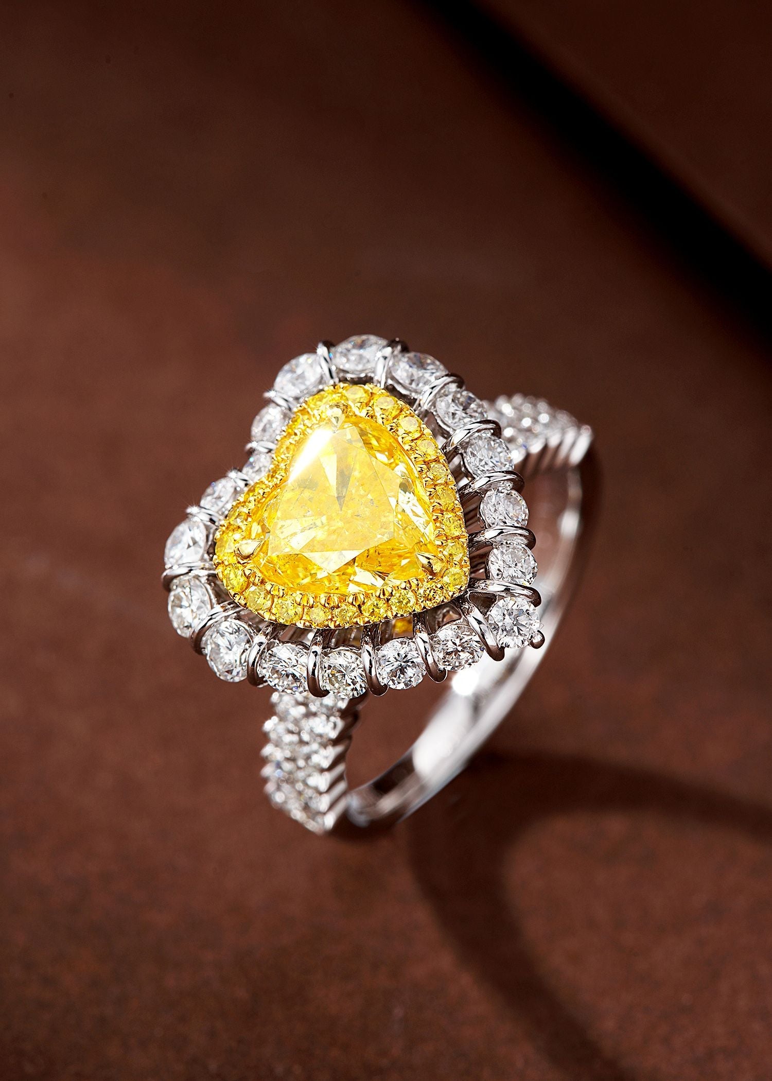 Heart-shaped Double Row Straight Arm Ring with Yellow Diamond - Premium Jewelry - Yellow Diamond Ring