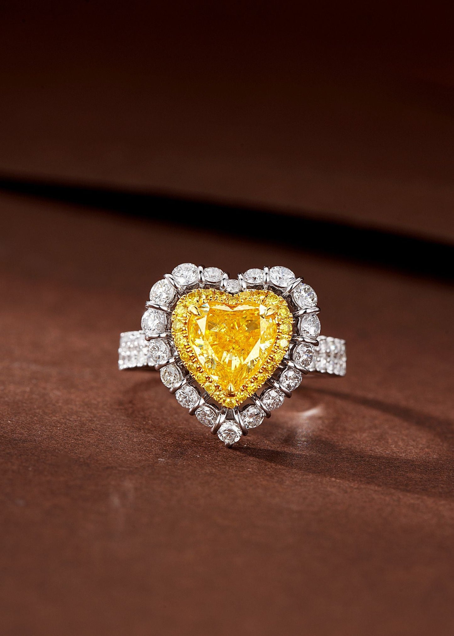 Heart-shaped Double Row Straight Arm Ring with Yellow Diamond - Premium Jewelry - Yellow Diamond Ring