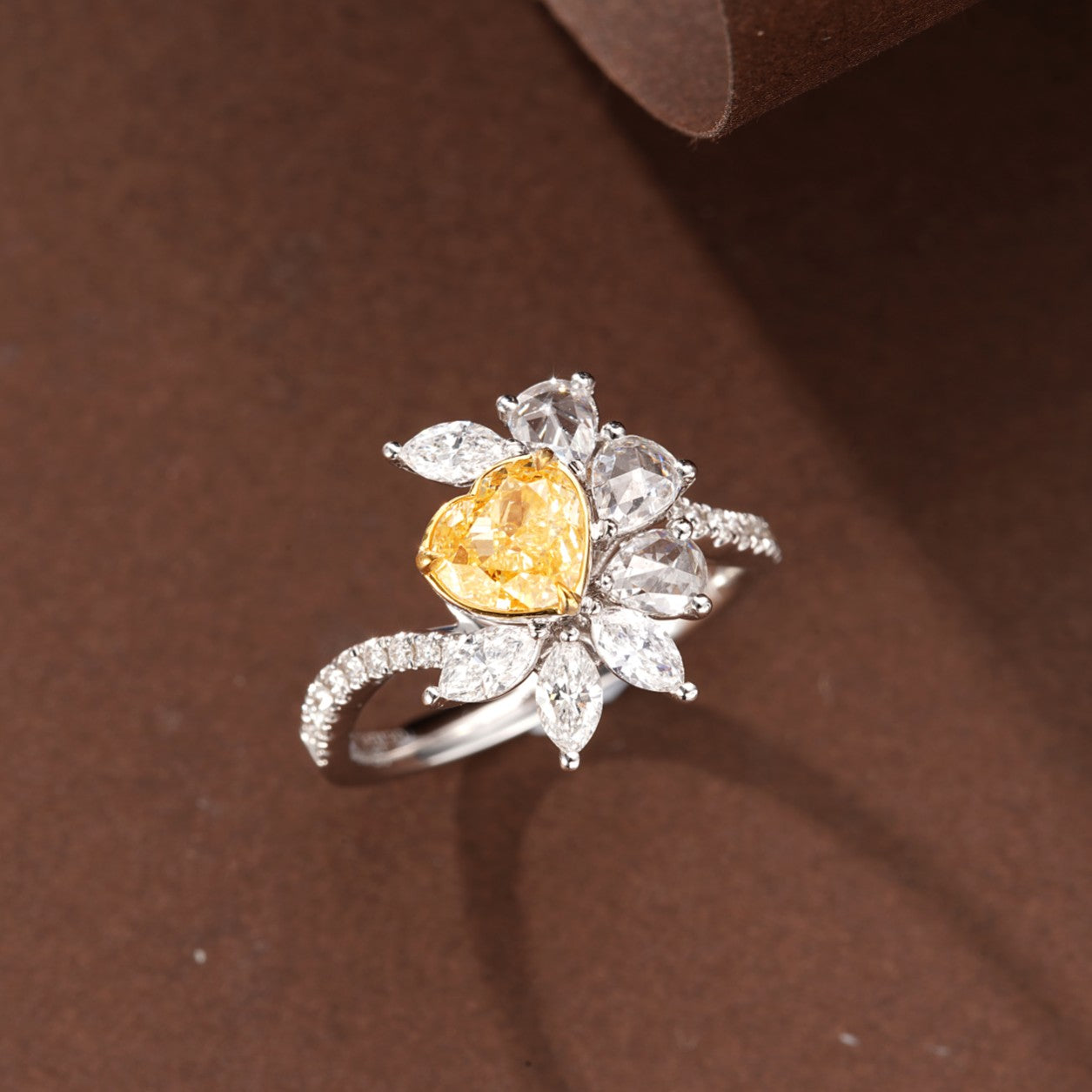 Heart-Shaped Semi-Halo Diamond Ring - Luxury Jewelry - Yellow Diamond Ring