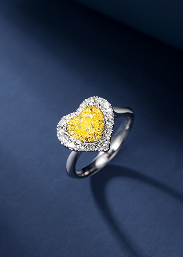 Heart-Shaped Yellow Diamond Ring with Round Diamond Halo - Premium Jewelry - Yellow Diamond Ring