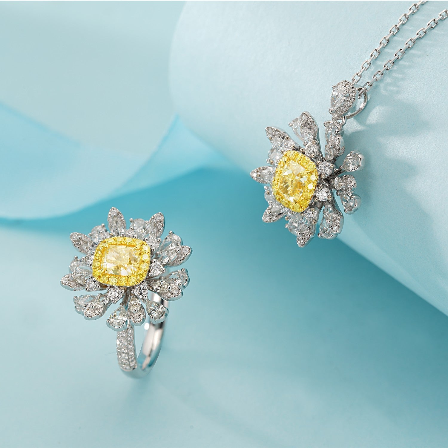 Jewelry Set: Cushion-Cut Yellow Diamond Pendant & Ring. Jewelry set: cushion - cut yellow diamond pendant & ring