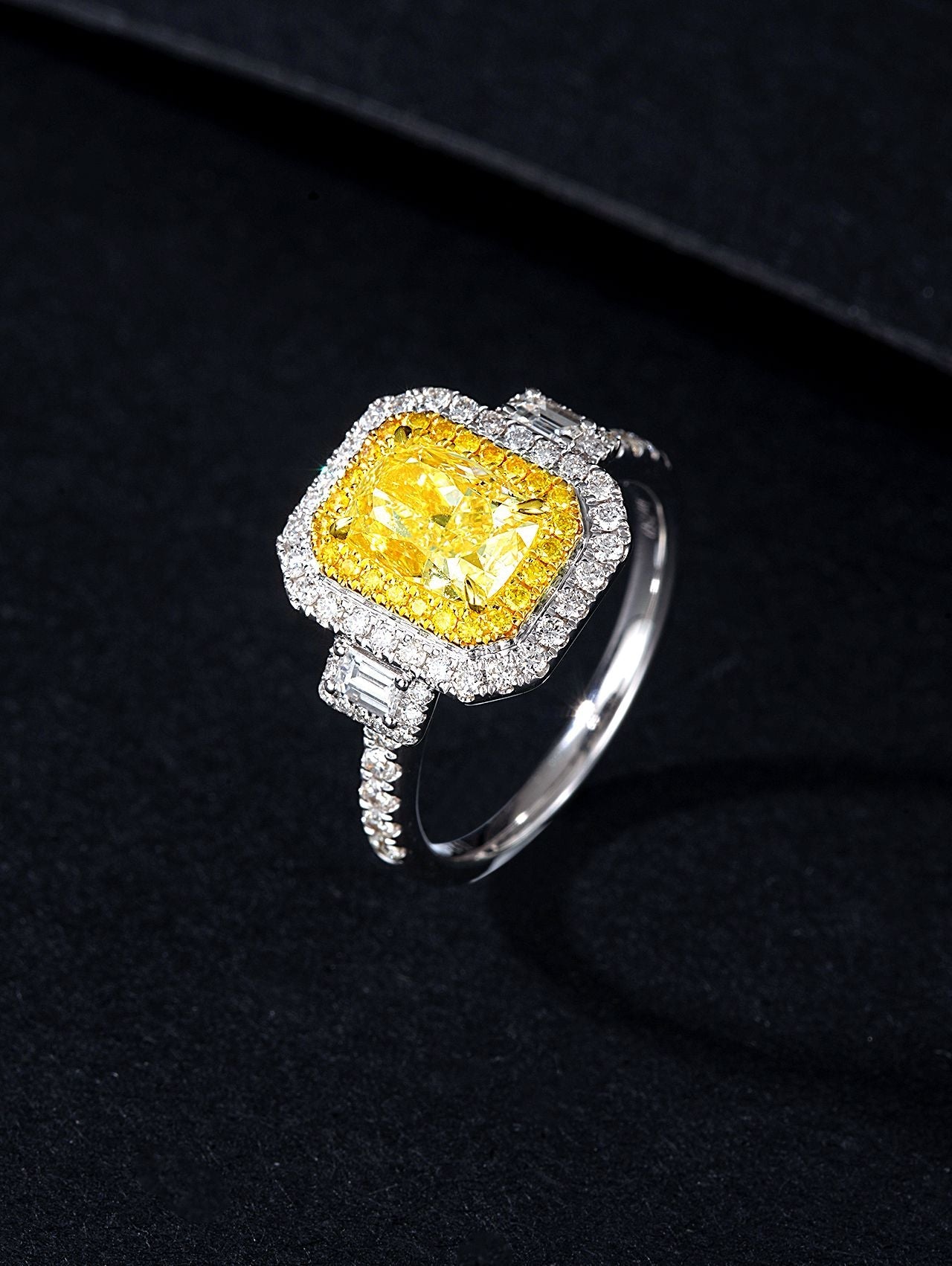 Luxurious 2-Carat Diamond Double T Ring with Pillow Halo - Premium Jewelry - Yellow Diamond Ring