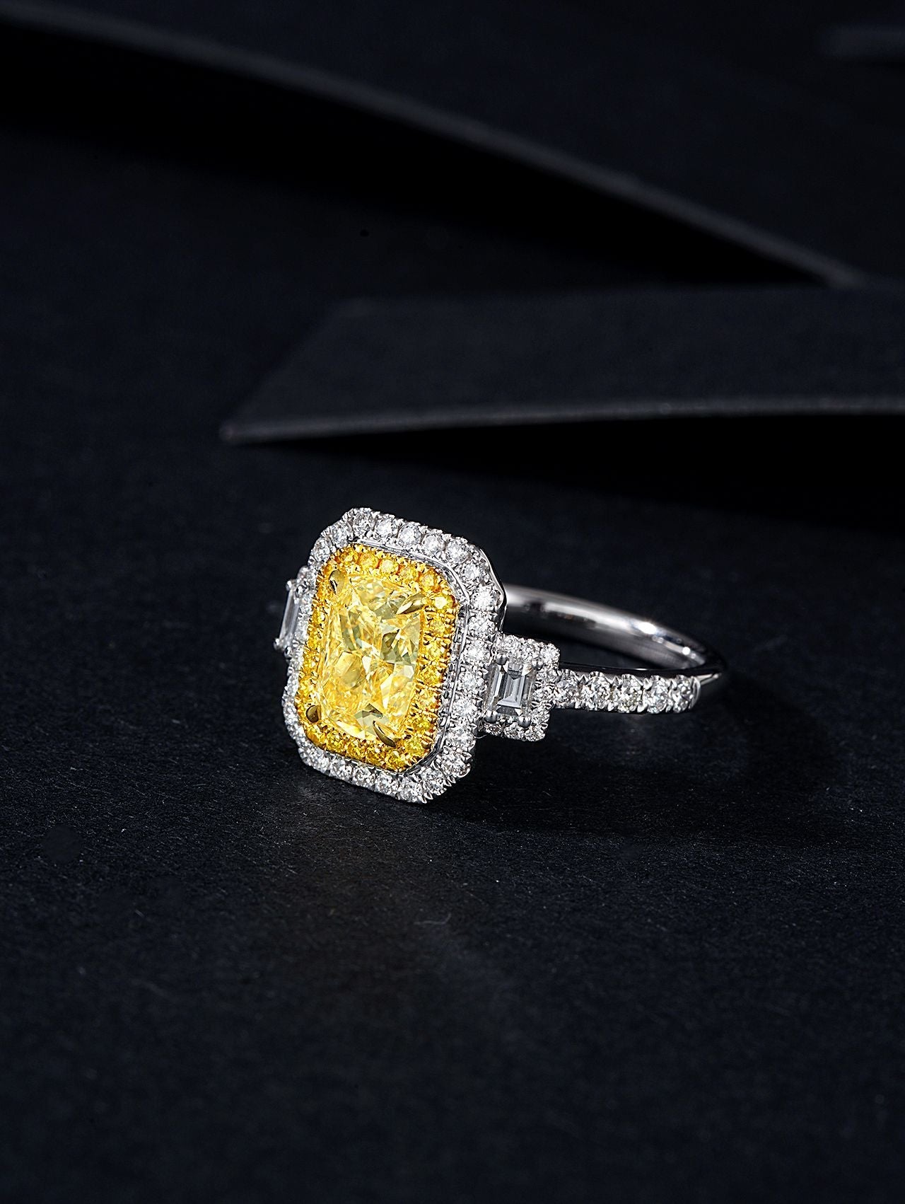 Luxurious 2-Carat Diamond Double T Ring with Pillow Halo - Premium Jewelry - Yellow Diamond Ring