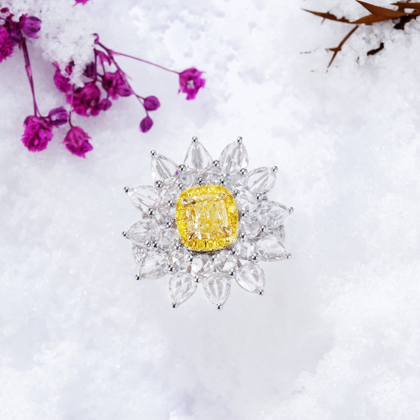 Luxurious Cushion-Cut Diamond Double Halo Ring - Jewelry Gem - Yellow Diamond Ring