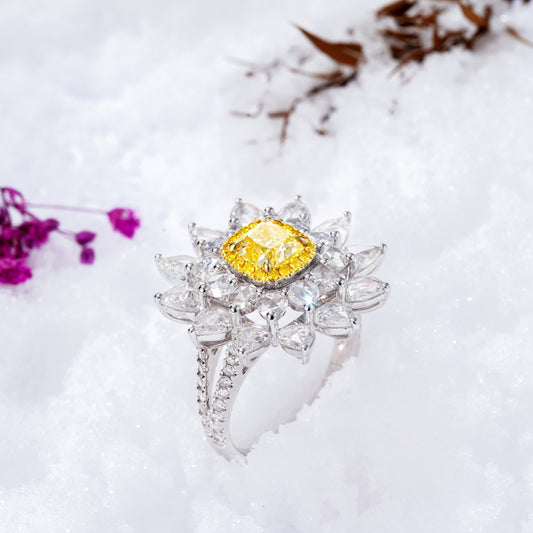 Luxurious Cushion-Cut Diamond Double Halo Ring - Jewelry Gem - Yellow Diamond Ring