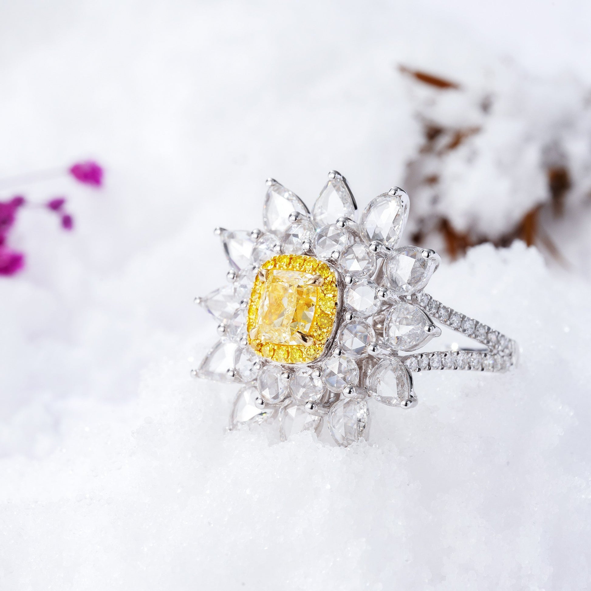 Luxurious Cushion-Cut Diamond Double Halo Ring - Jewelry Gem - Yellow Diamond Ring