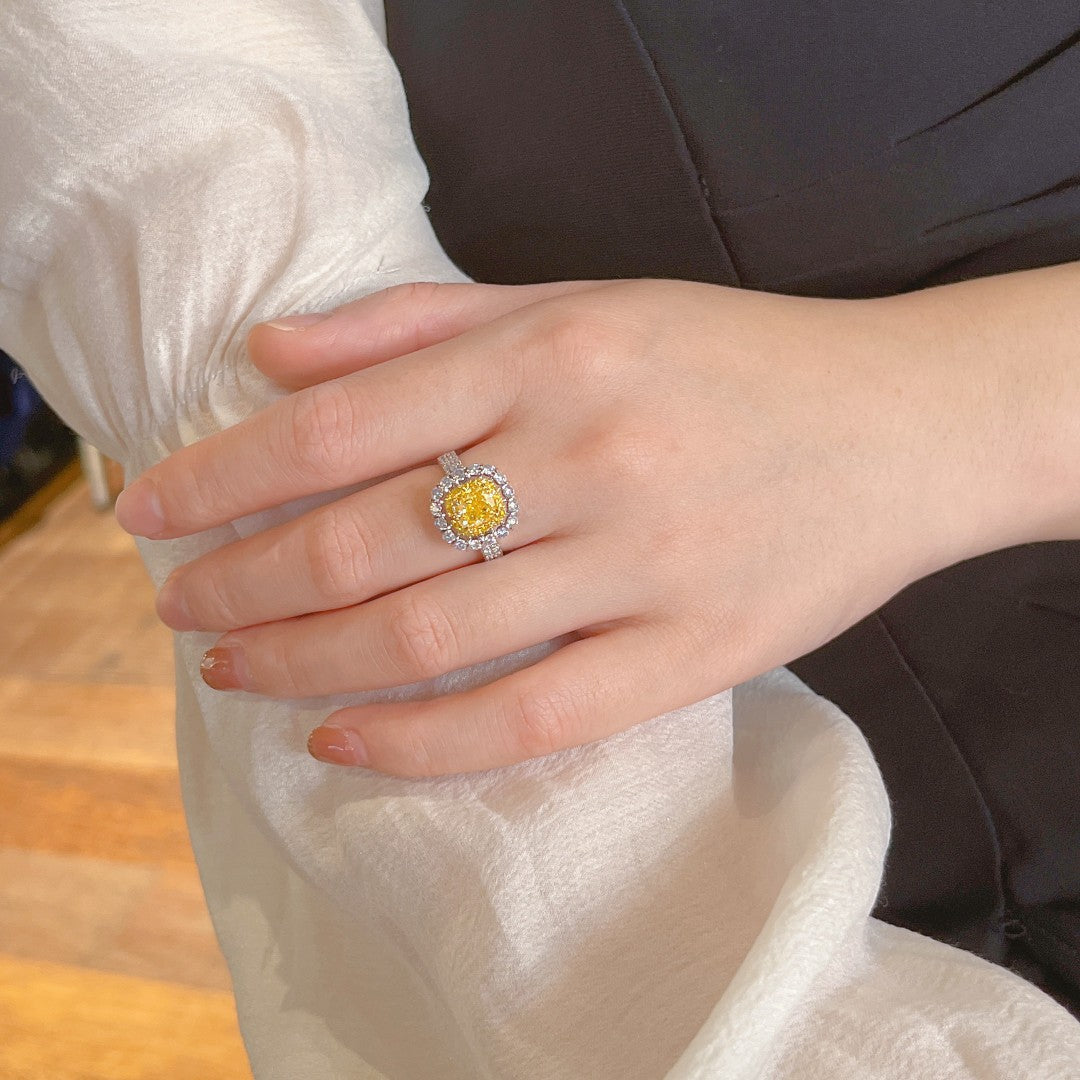 Luxurious Cushion Cut Diamond Double Row Straight Arm Ring - Premium Jewelry - Yellow Diamond Ring