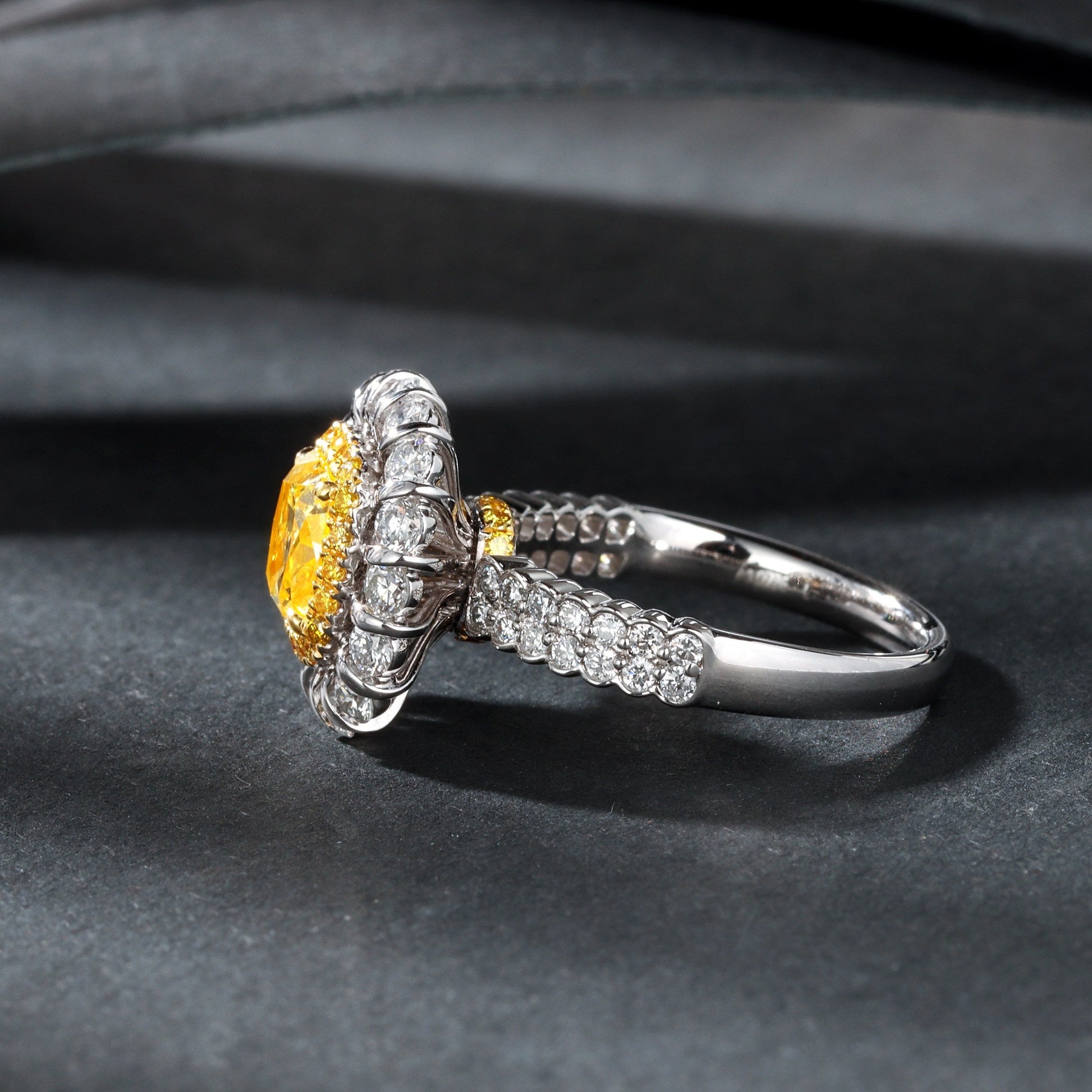 Luxurious Cushion Cut Diamond Double Row Straight Arm Ring - Premium Jewelry - Yellow Diamond Ring