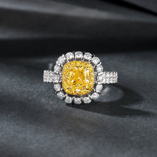 Luxurious Cushion Cut Diamond Double Row Straight Arm Ring - Premium Jewelry - Yellow Diamond Ring