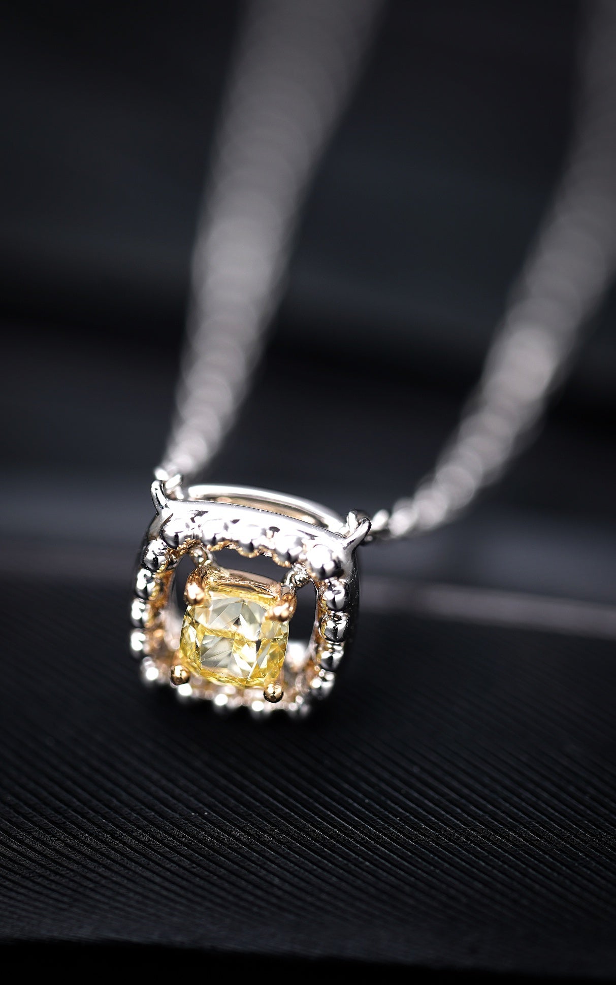 Luxurious Cushion-Cut Diamond Pendant with Beaded Edge – Premium Jewelry - Yellow Diamond Pendant