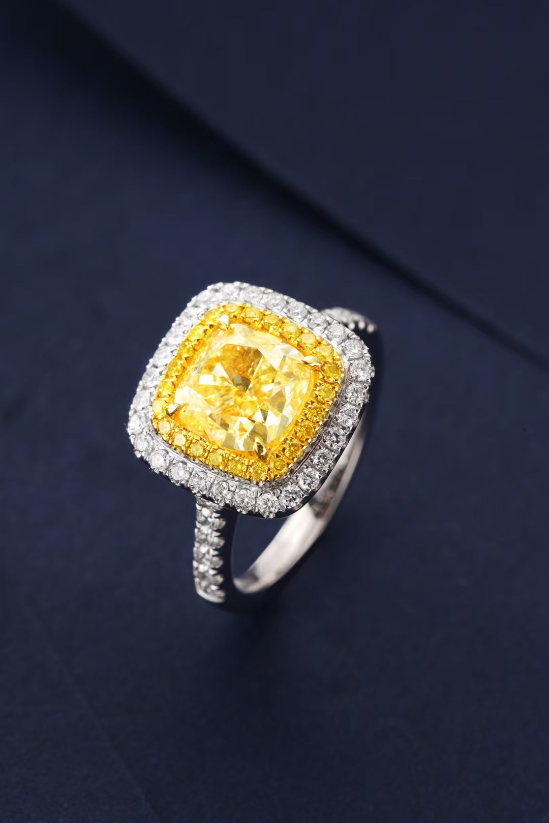 Luxurious Cushion-Cut Diamond Ring with Diamond Halo - Premium Jewelry - Yellow Diamond Ring