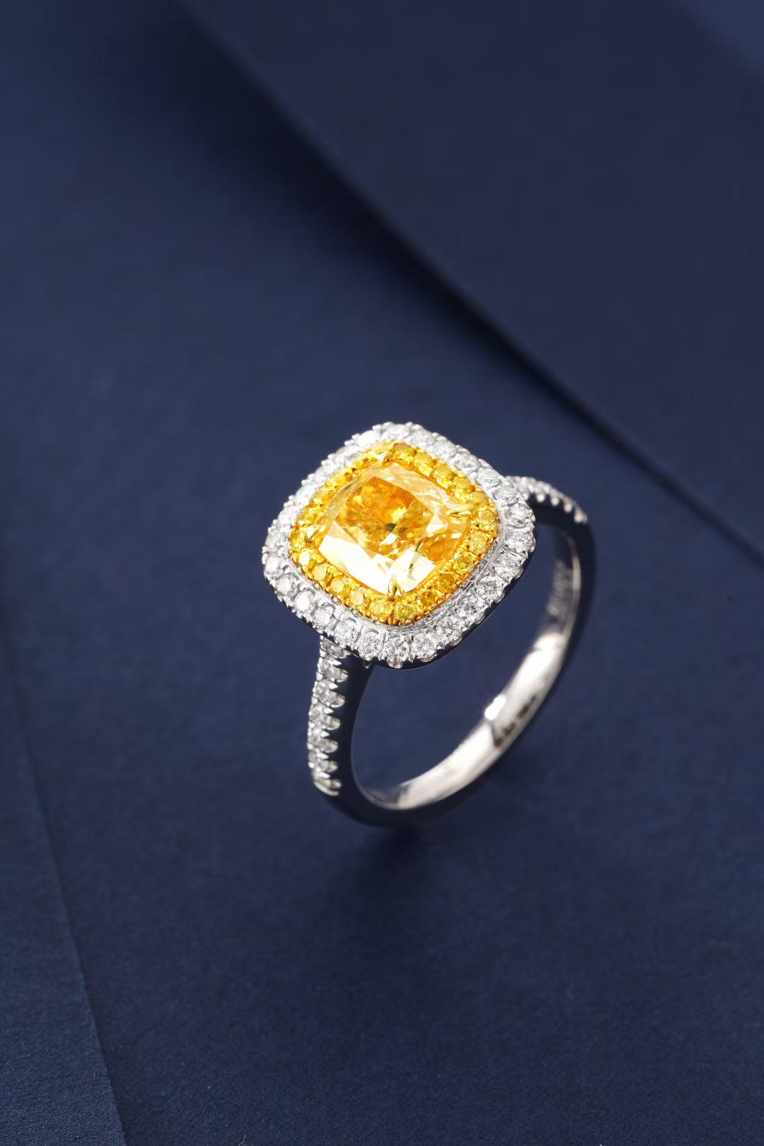 Luxurious Cushion-Cut Diamond Ring with Diamond Halo - Premium Jewelry - Yellow Diamond Ring