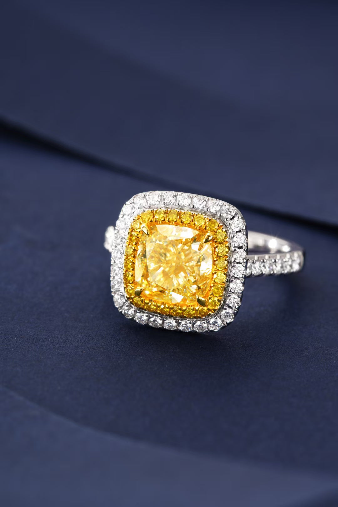 Luxurious Cushion-Cut Diamond Ring with Diamond Halo - Premium Jewelry - Yellow Diamond Ring