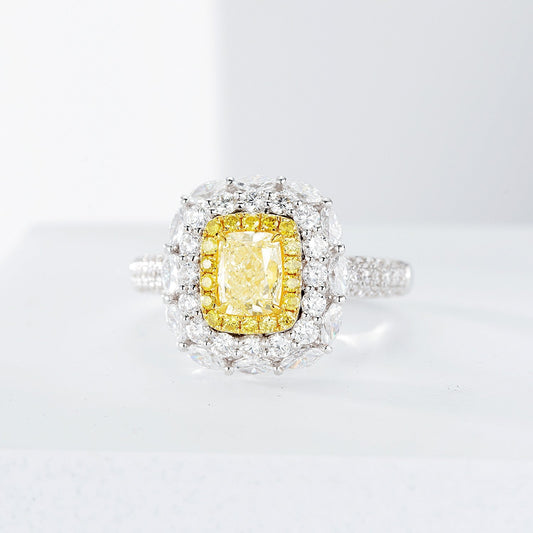 Luxurious Cushion-Cut Diamond Ring with Marquise Double Halo - Premium Jewelry - Yellow Diamond Ring