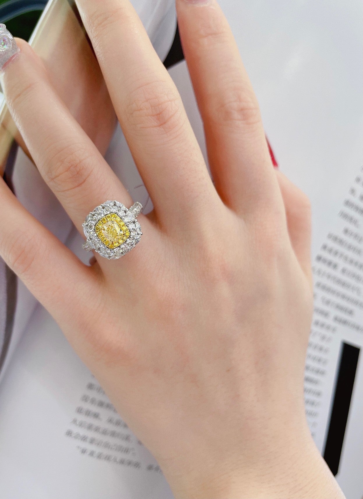 Luxurious Cushion-Cut Diamond Ring with Marquise Double Halo - Premium Jewelry - Yellow Diamond Ring