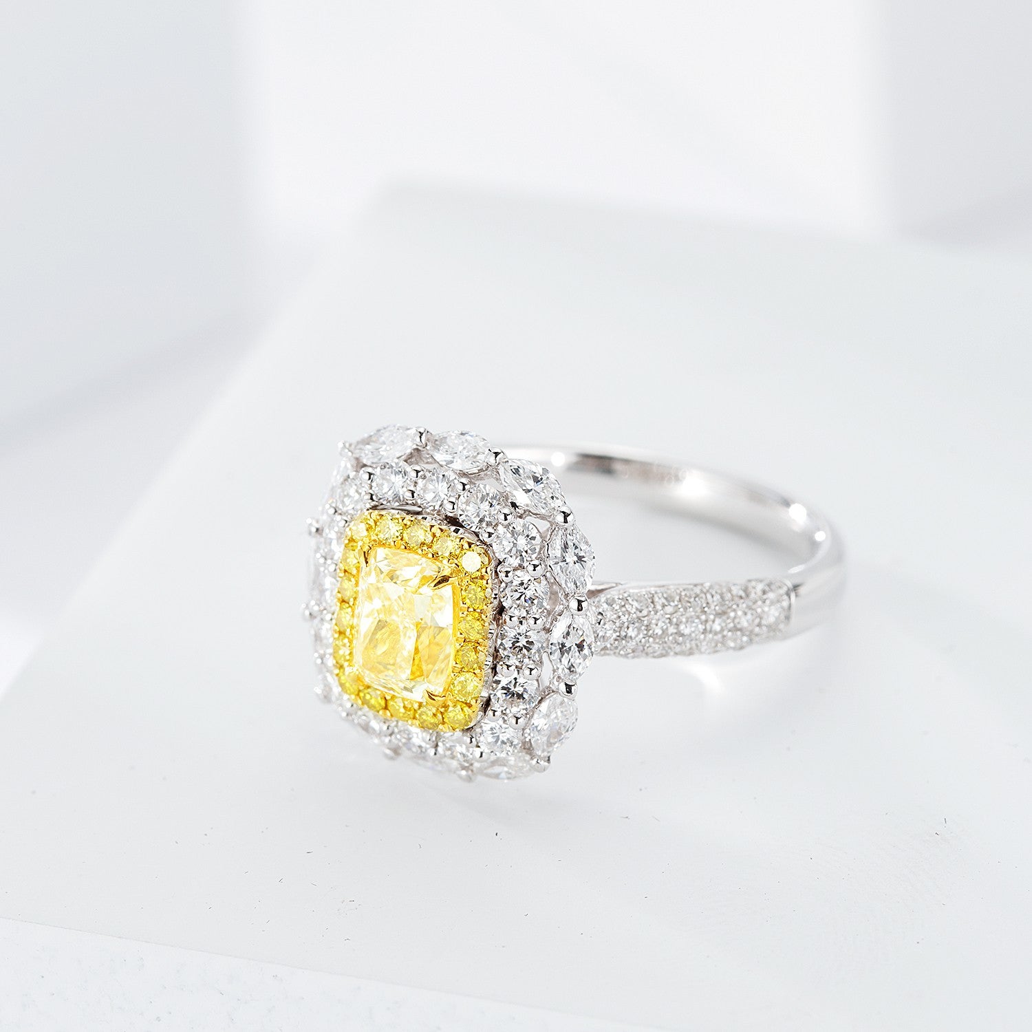 Luxurious Cushion-Cut Diamond Ring with Marquise Double Halo - Premium Jewelry - Yellow Diamond Ring