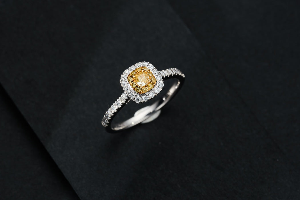 Luxurious Cushion-Cut Diamond Ring with Pavé Setting - Premium Jewelry - Yellow Diamond Ring