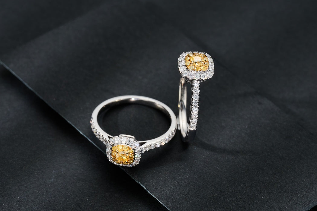 Luxurious Cushion-Cut Diamond Ring with Pavé Setting - Premium Jewelry - Yellow Diamond Ring