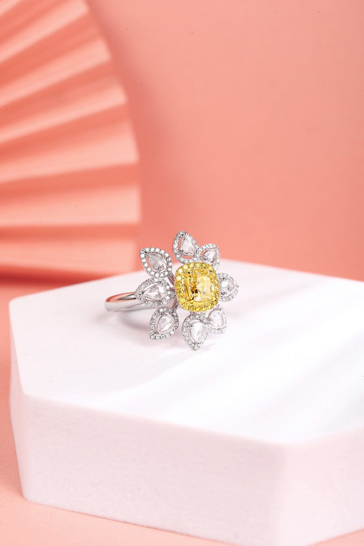 Luxurious Cushion-Cut Diamond Ring with Pear-Shaped Halo - Premium Jewelry - Yellow Diamond Ring