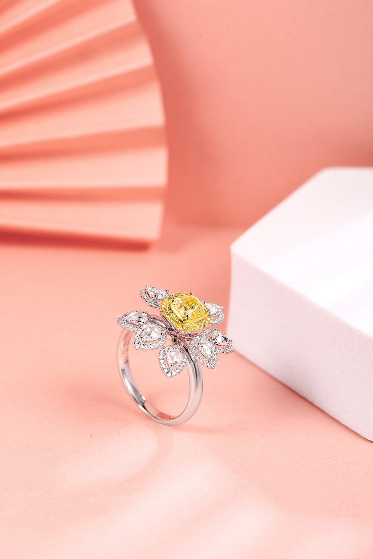 Luxurious Cushion-Cut Diamond Ring with Pear-Shaped Halo - Premium Jewelry - Yellow Diamond Ring