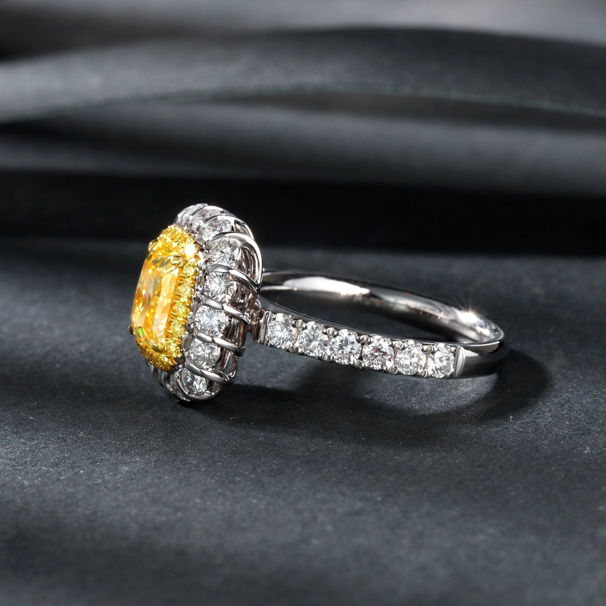 Luxurious Cushion-Cut Single Row Straight Arm Ring with Diamond Accent - Premium Jewelry - Yellow Diamond Ring