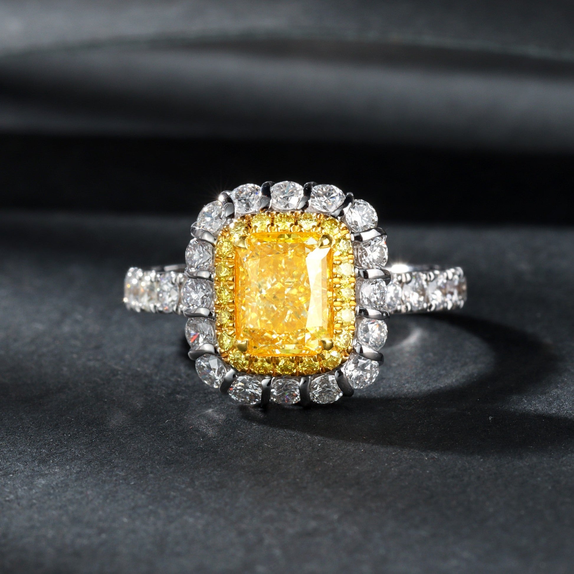 Luxurious Cushion-Cut Single Row Straight Arm Ring with Diamond Accent - Premium Jewelry - Yellow Diamond Ring