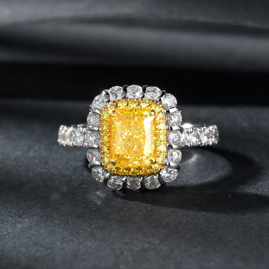 Luxurious Cushion-Cut Single Row Straight Arm Ring with Diamond Accent - Premium Jewelry - Yellow Diamond Ring