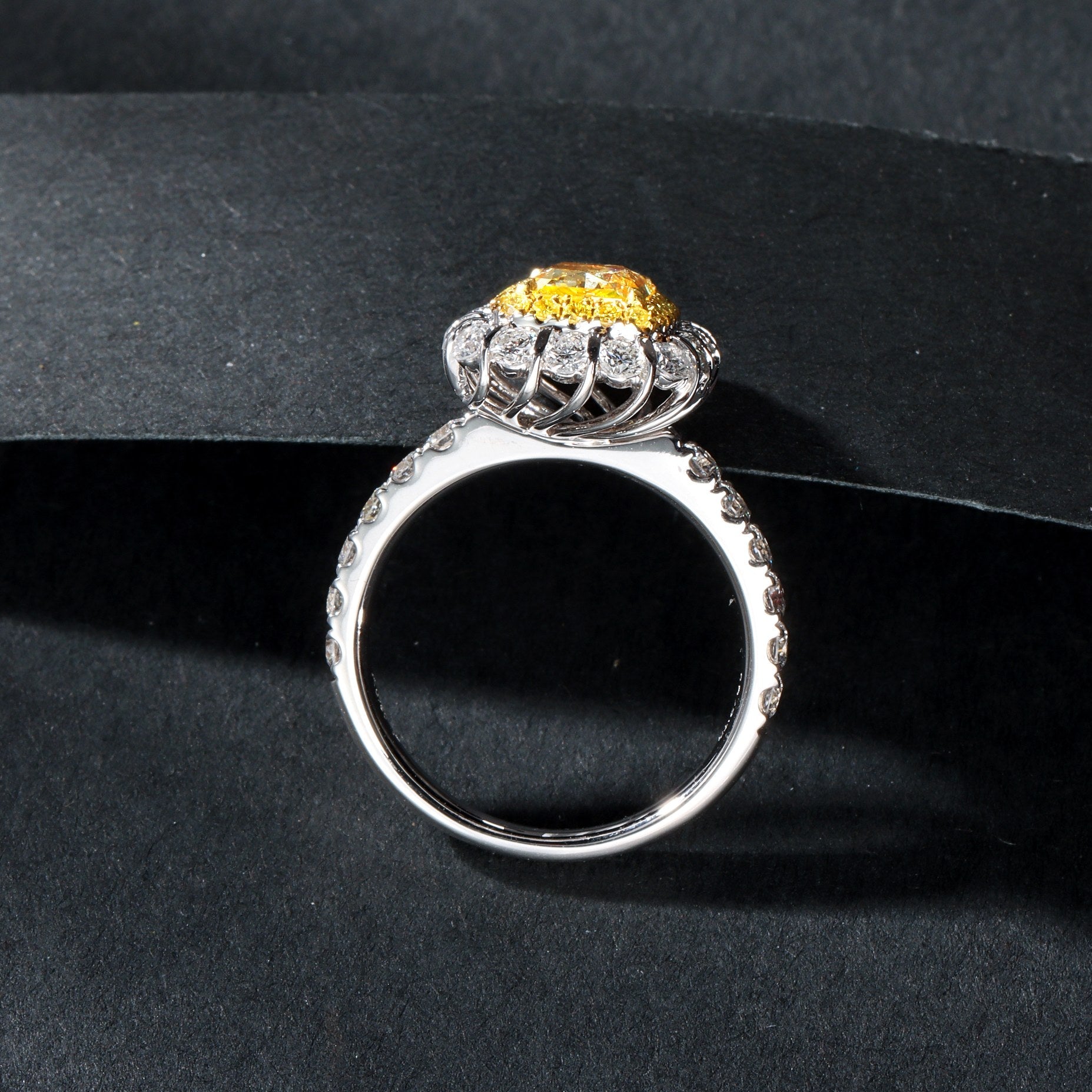 Luxurious Cushion-Cut Single Row Straight Arm Ring with Diamond Accent - Premium Jewelry - Yellow Diamond Ring