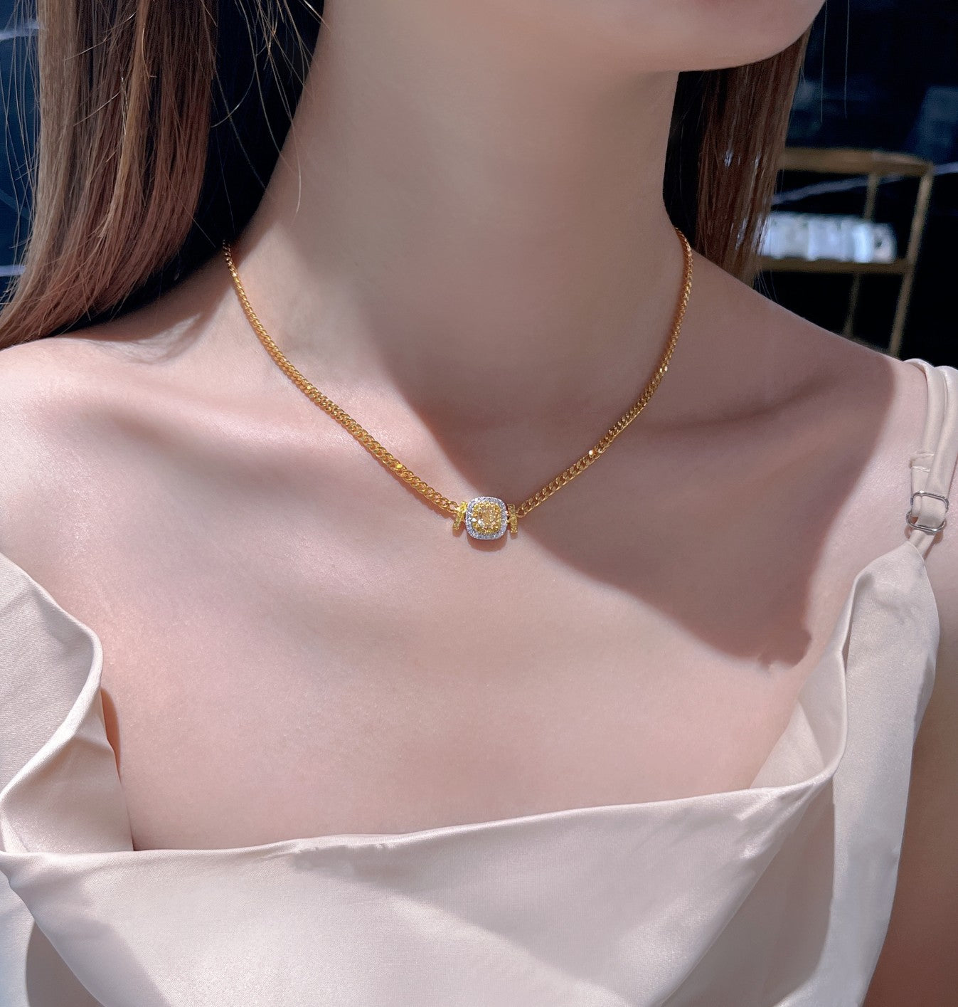 Luxurious Cushion-Cut Yellow Diamond Double-T Pendant Necklace - Yellow Diamond Pendant