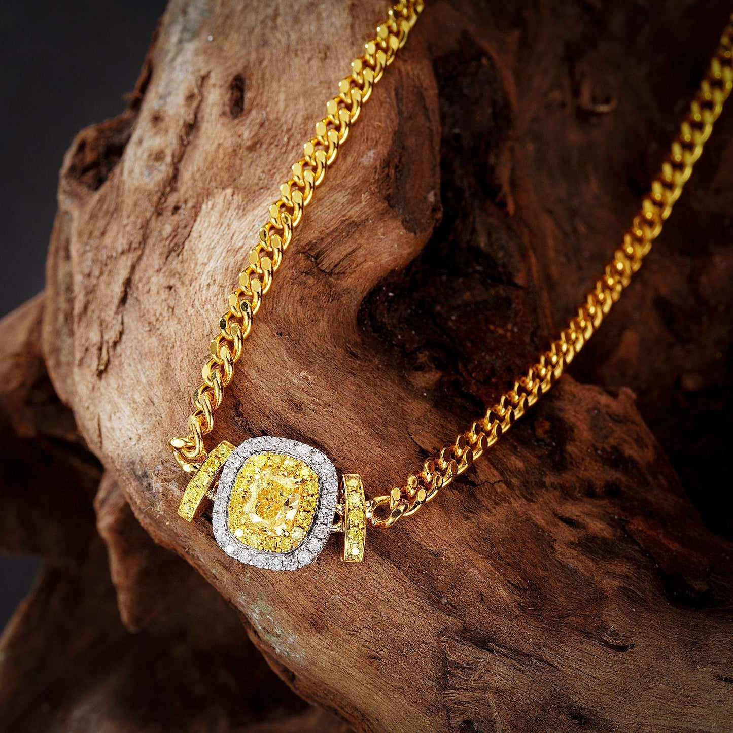 Luxurious Cushion-Cut Yellow Diamond Double-T Pendant Necklace - Yellow Diamond Pendant