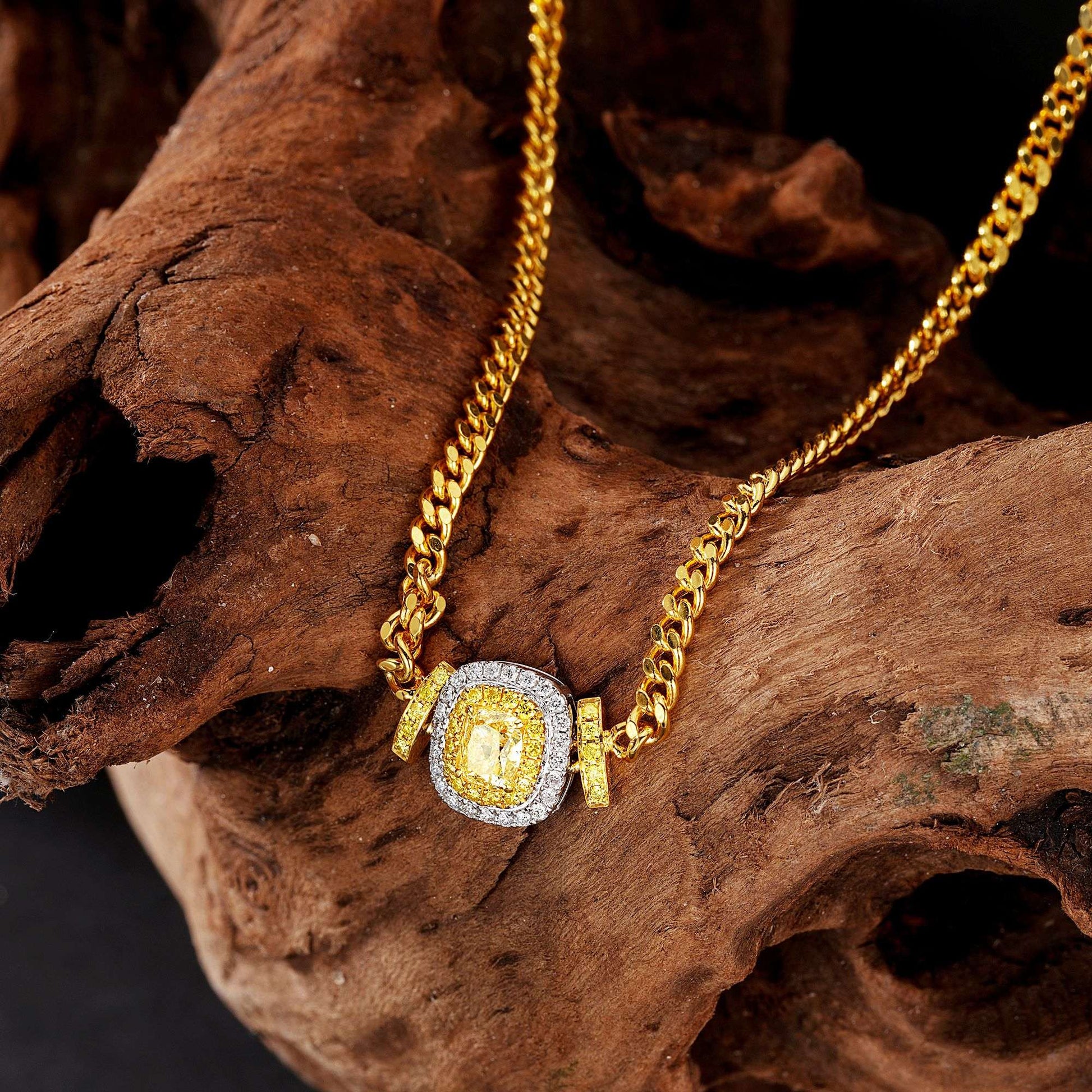 Luxurious Cushion-Cut Yellow Diamond Double-T Pendant Necklace - Yellow Diamond Pendant