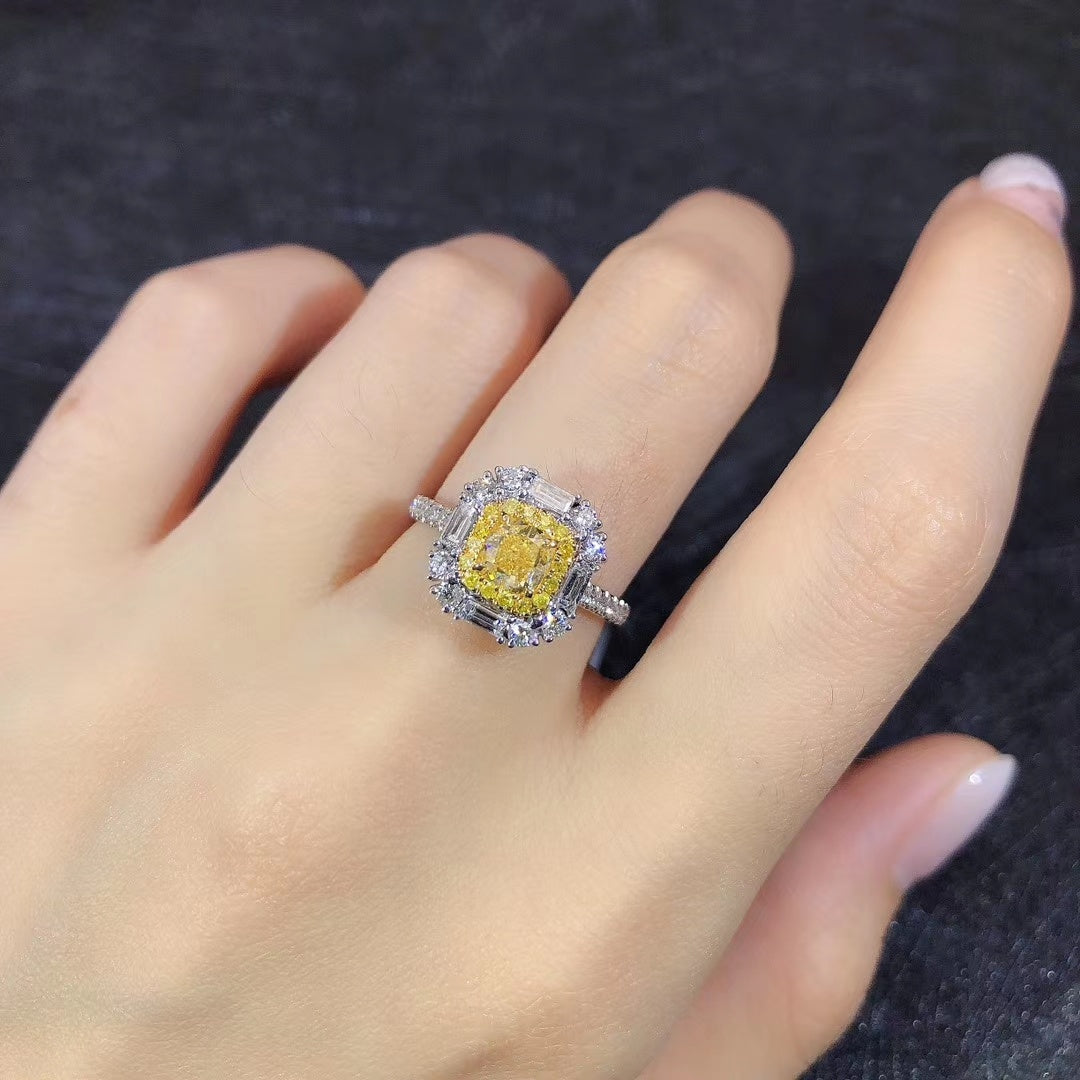 Luxurious Cushion-Cut Yellow Diamond Ring - Premium Jewelry - Yellow Diamond Ring