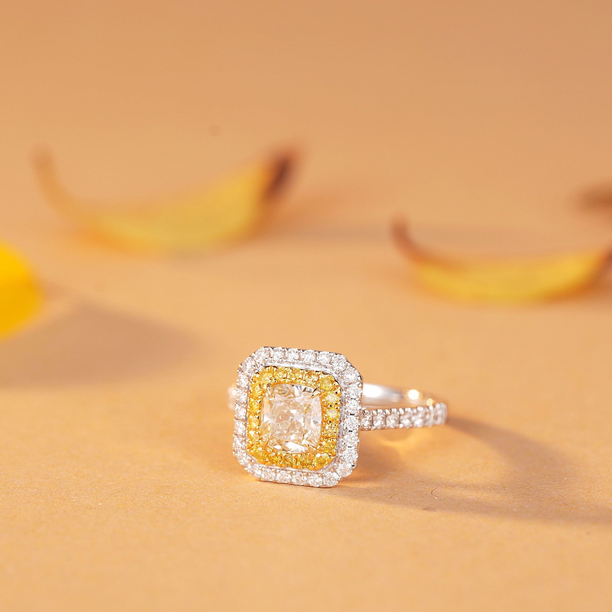 Luxurious Cushion Cut Yellow Diamond Ring with Octagonal Design - Premium Jewelry - Yellow Diamond Ring