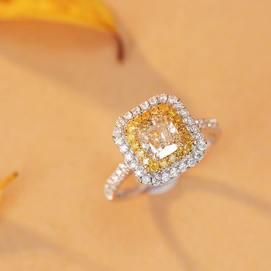 Luxurious Cushion Cut Yellow Diamond Ring with Octagonal Design - Premium Jewelry - Yellow Diamond Ring