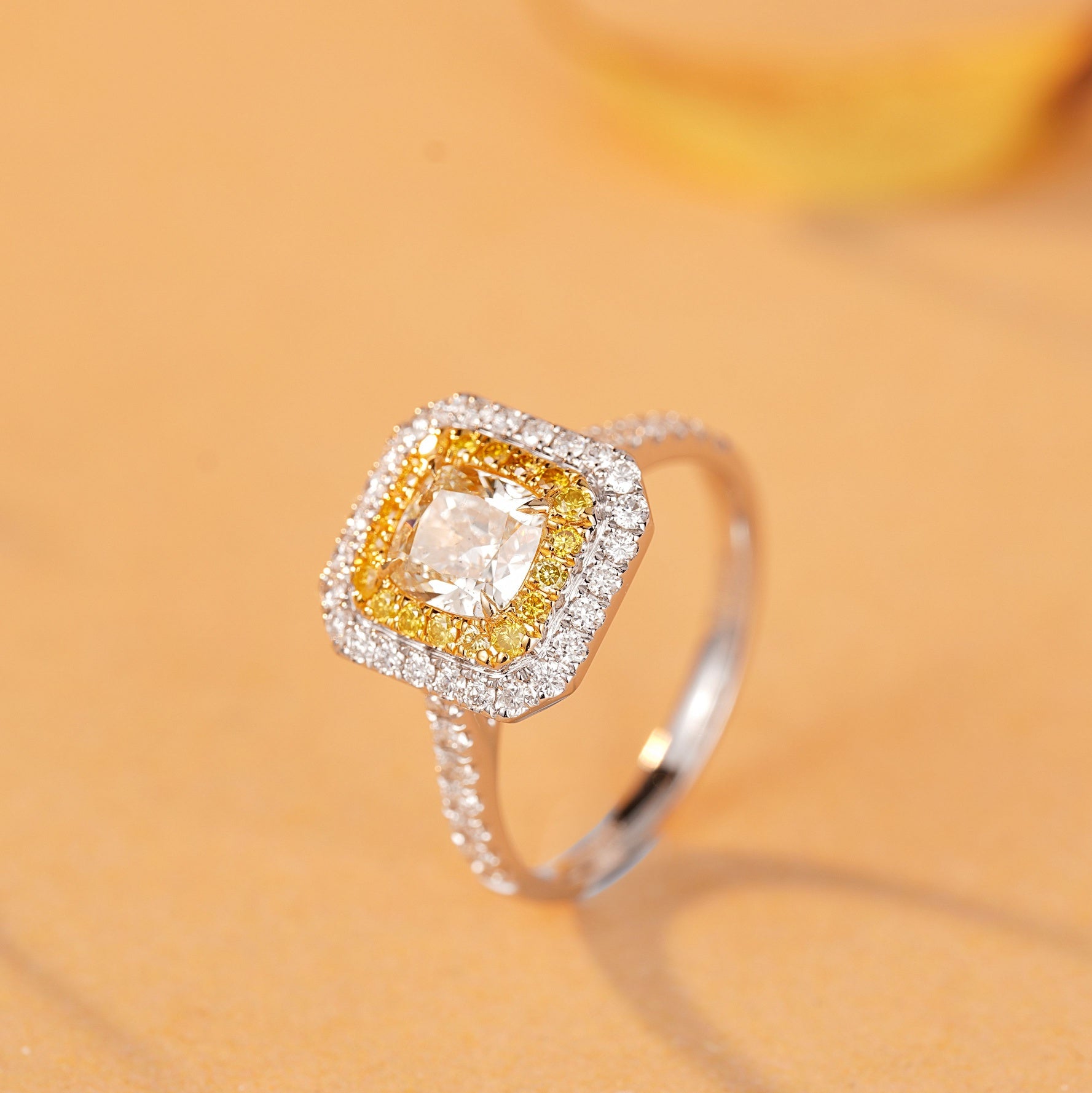 Luxurious Cushion Cut Yellow Diamond Ring with Octagonal Design - Premium Jewelry - Yellow Diamond Ring