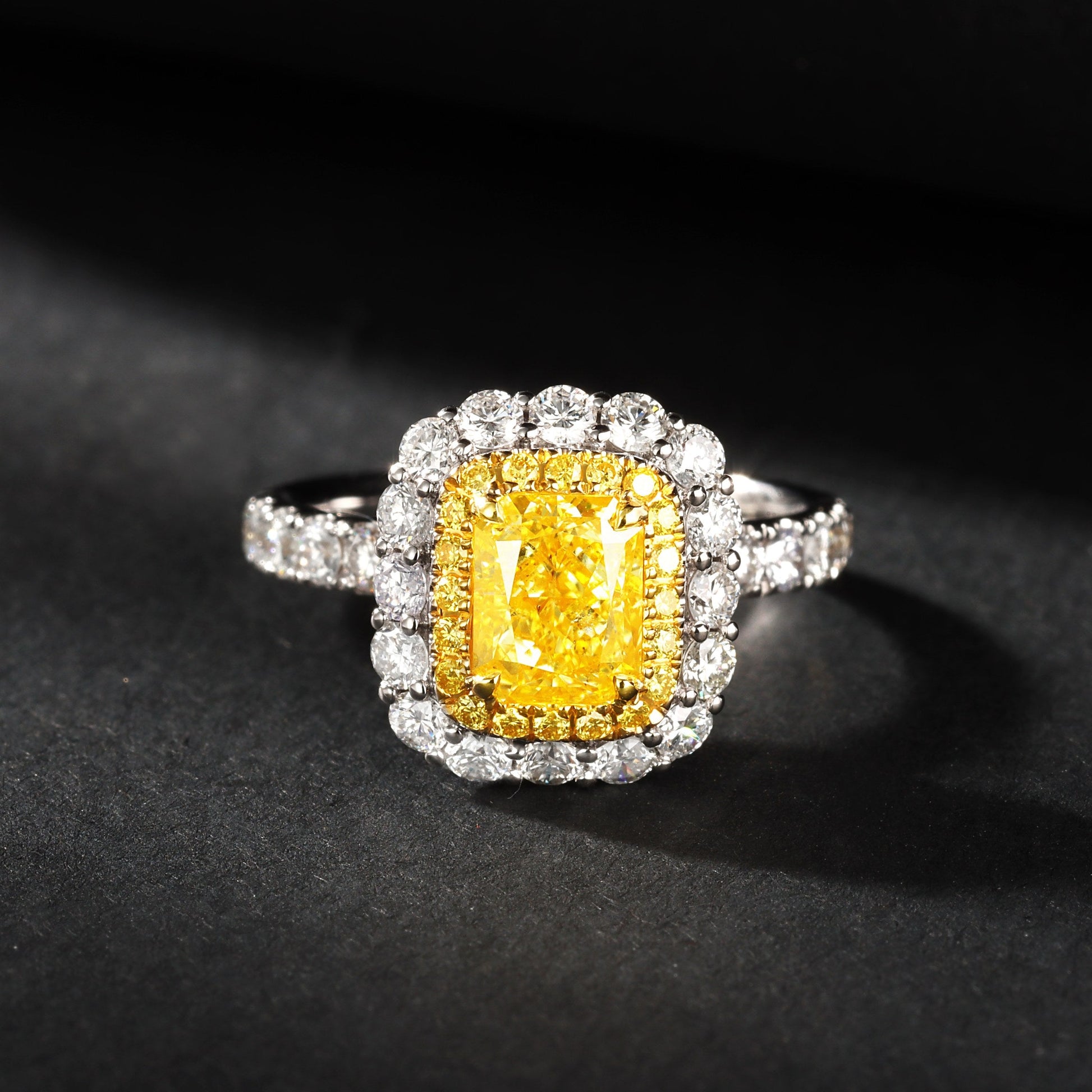 Luxurious Cushion-Cut Yellow Diamond Ring with Round Diamond Halo - Exquisite Jewelry - Yellow Diamond Ring