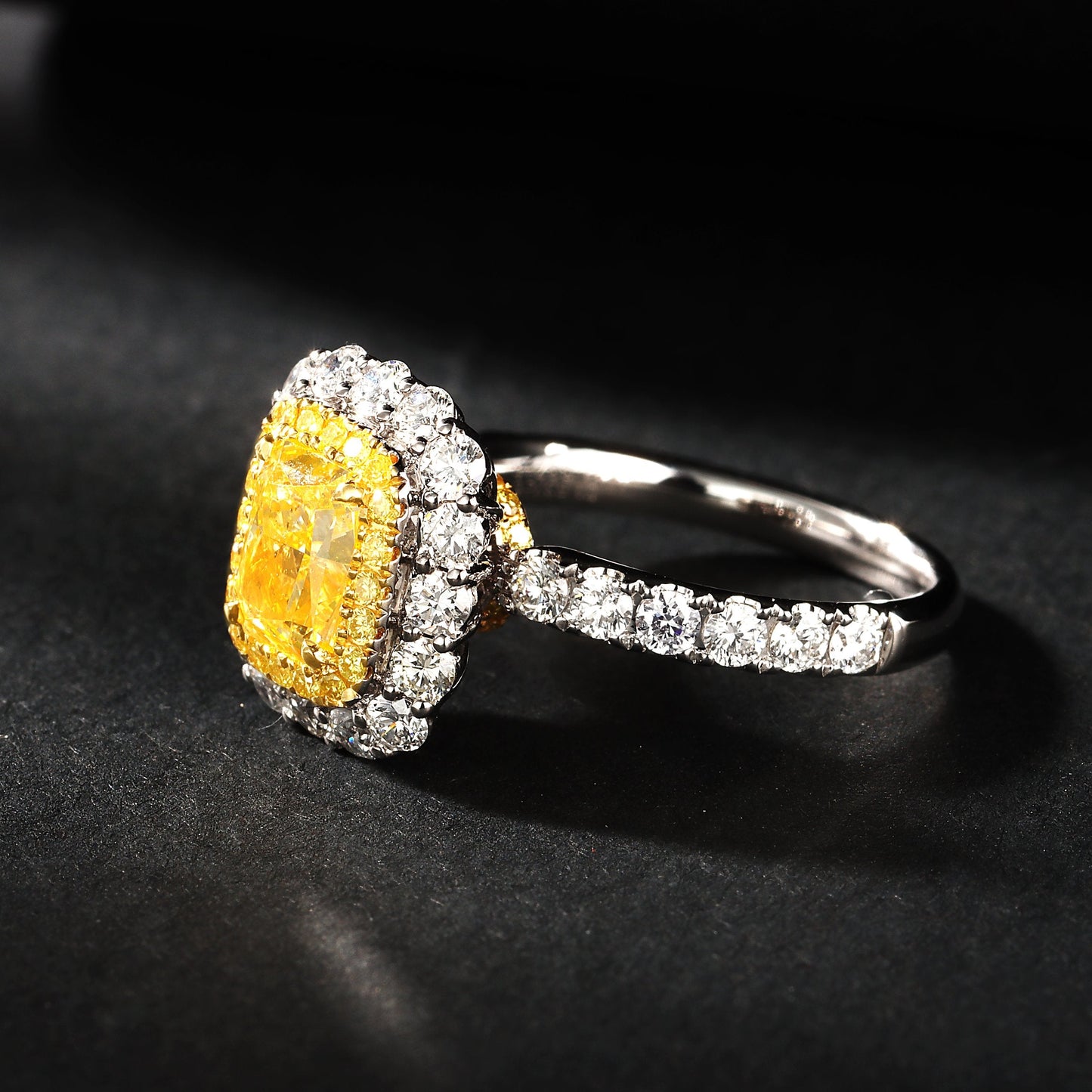 Luxurious Cushion-Cut Yellow Diamond Ring with Round Diamond Halo - Exquisite Jewelry - Yellow Diamond Ring