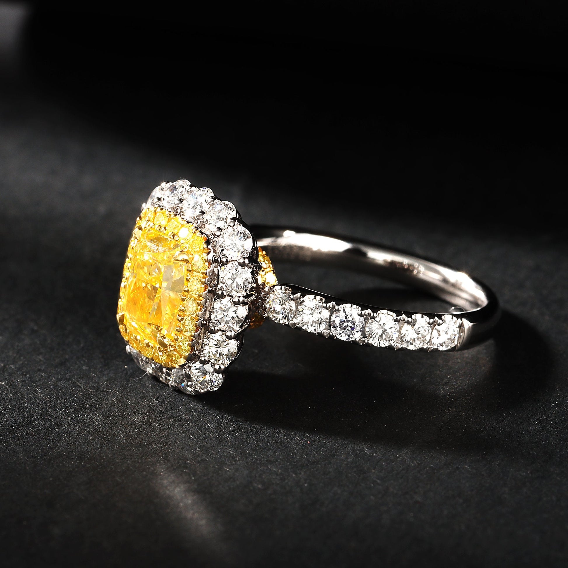 Luxurious Cushion-Cut Yellow Diamond Ring with Round Diamond Halo - Exquisite Jewelry - Yellow Diamond Ring