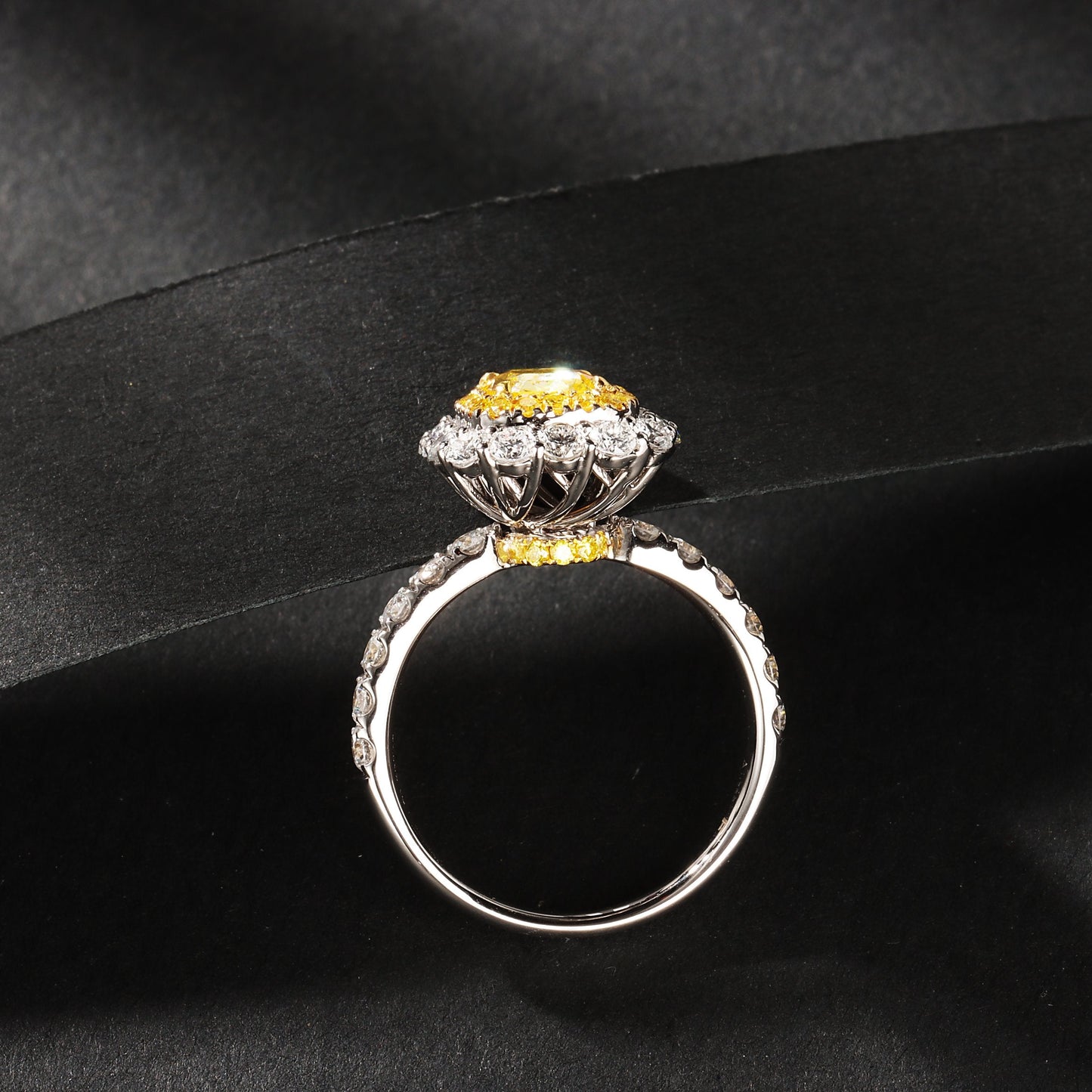 Luxurious Cushion-Cut Yellow Diamond Ring with Round Diamond Halo - Exquisite Jewelry - Yellow Diamond Ring