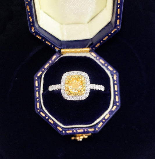 Luxurious Cushion-Cut Yellow Diamond Ring with Surrounding Diamonds - Premium Jewelry - Yellow Diamond Ring